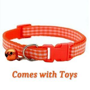 Jamie Jase Orange Gingham Plaid Bell Accented Cat Collar with Toys Gift Package